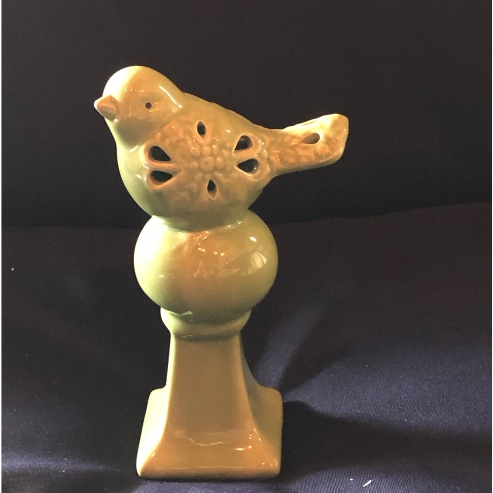 Bird On Pedestal Green Spring French Country Decor Ceramic Precious 6 5/8"